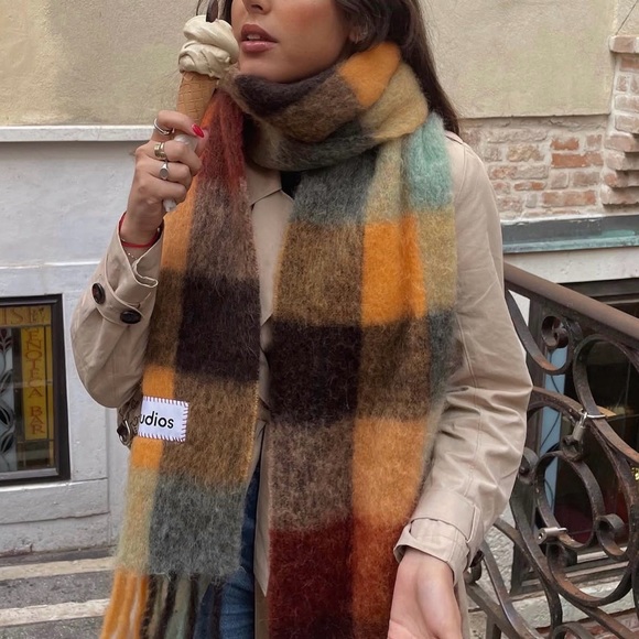 Acne Studios Mohair Checked Scarfin chestnut brown/yellow/green